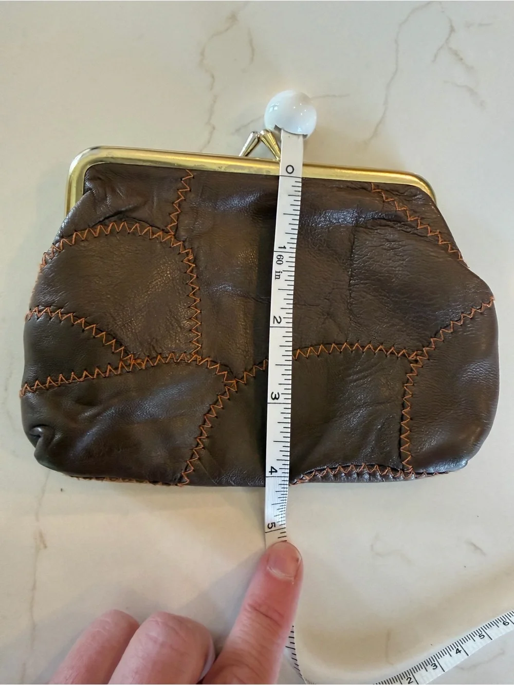 Vintage Classic Brown Leather Patchwork Kiss Lock Coin Purse